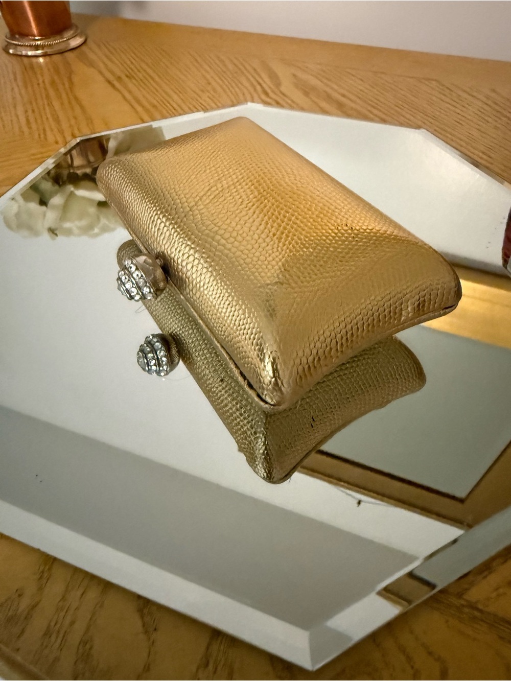Gold Metallic Evening Clutch with Crystal Kiss Lock